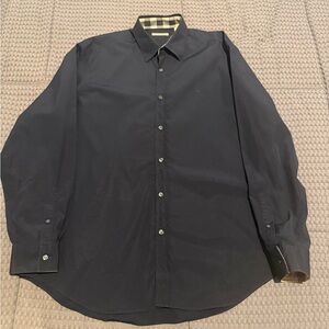 Burberry Brit Classic Navy Blue Shirt Men’s XL Long Sleeve Cotton Check Cuffs
